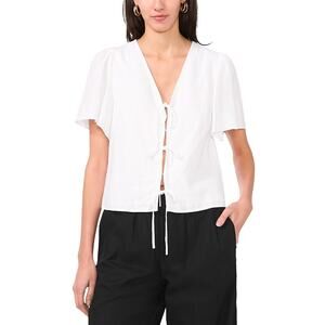 1.STATE Women's Tie-Front Flutter-Sleeve V-Neck Top XS White NWT